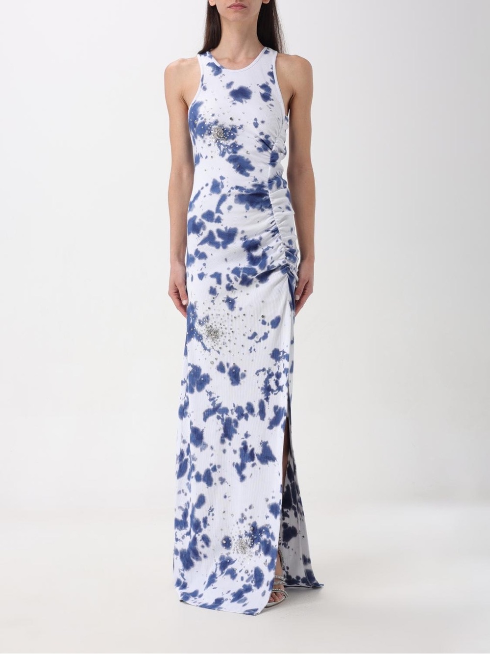 Sleeveless Blue and White Tie-Dye Maxi Dress